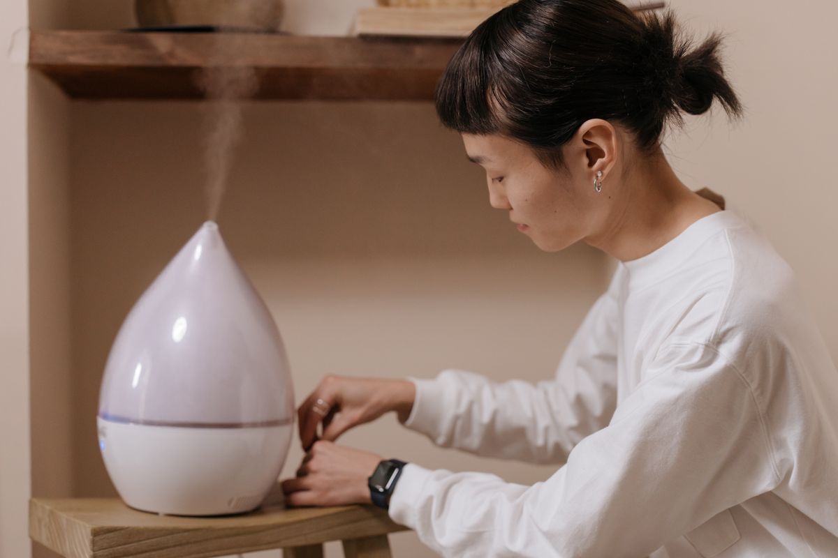 Adjusting a humidifier releasing cool mist at home
